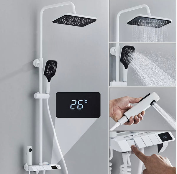 #1166 WHITE 4 IN 1 EXPOSED SHOWER SYSTEM SET RAIN SHOWER HEAD COMBO OUTDOOR/INDOOR SHOWER FAUCET FIXTURES