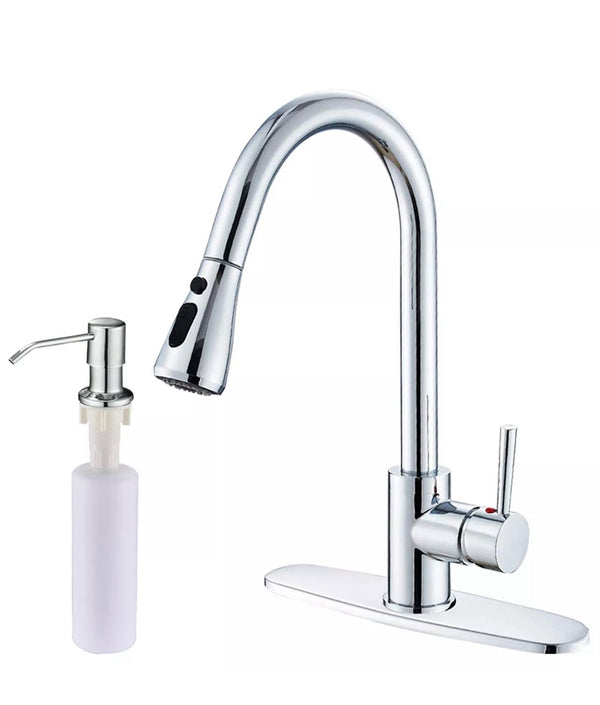 #1600 CHROME PULL-OUT KITCHEN FAUCET WITH DUAL SPRAY HEAD AND STOP FEATURE + SOAP DISPENSER