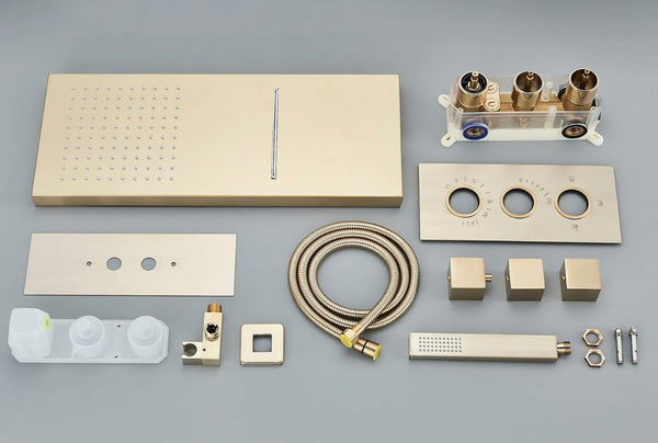 #1017 BRUSHED GOLD 2 FUNCTION RAIN & WATERFALL SHOWER HEAD THERMOSTATIC MIXER SHOWER SET