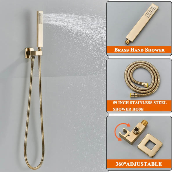 #1017 BRUSHED GOLD 2 FUNCTION RAIN & WATERFALL SHOWER HEAD THERMOSTATIC MIXER SHOWER SET
