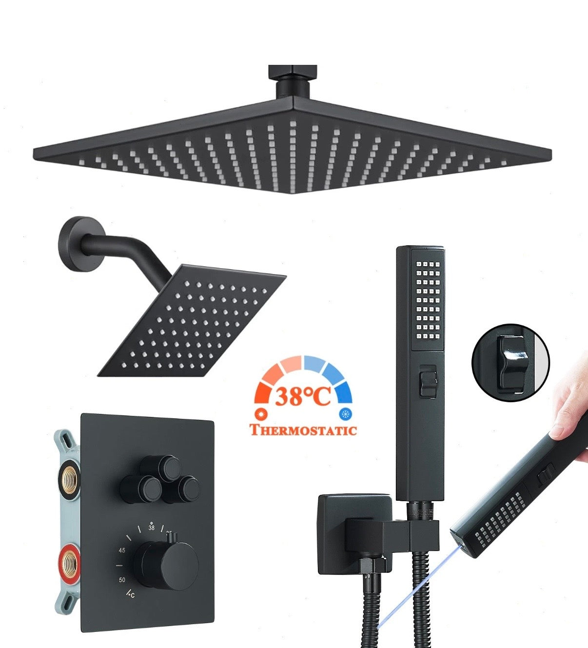 #1054 12-INCH + 6-INCH MATTE BLACK 3 FUNCTION BUTTON PRESS THERMOSTATIC SHOWER SYSTEM