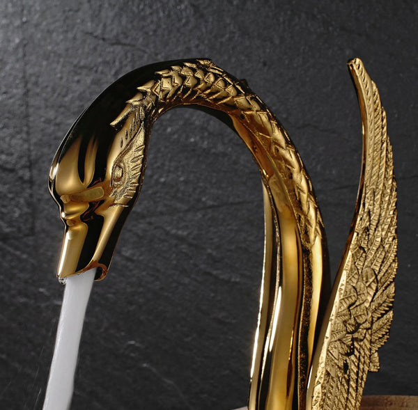 #1415 GOLD SWAN 8 INCH WIDESPREAD WITH 2 SWAN HANDLES WATERFALL SPOUT VANITY FAUCET