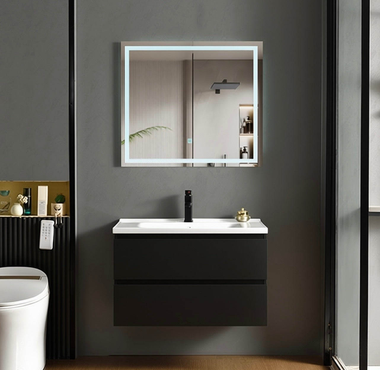 #1709 SG9243 32-Inch Black Floating Vanity Set with LED Mirror