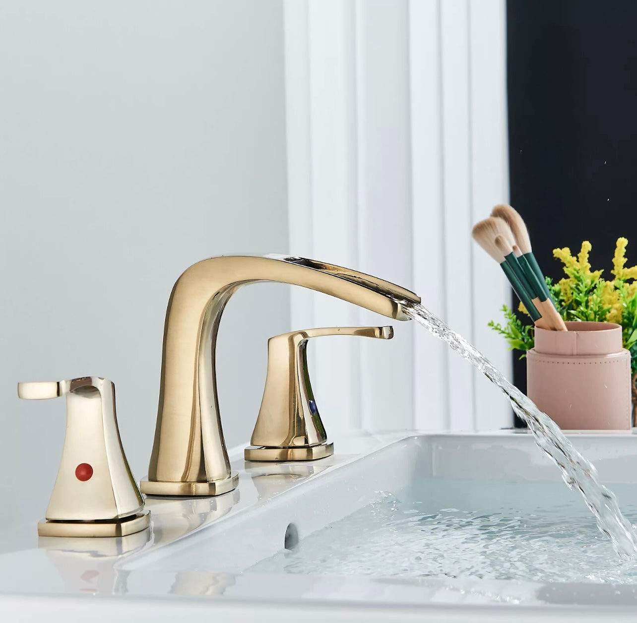 Brushed gold widespread/8-inch waterfall vanity faucet