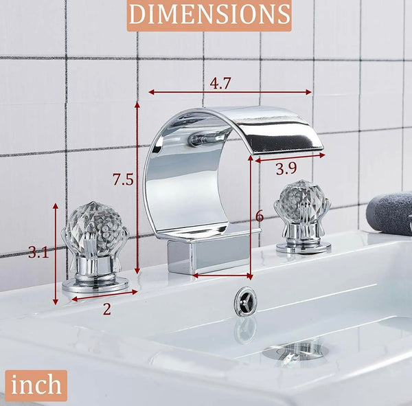 #1422 CHROME 8 INCH WIDESPREAD WITH 2 CRYSTAL KNOBS HIGH ARC WATERFALL VANITY FAUCET