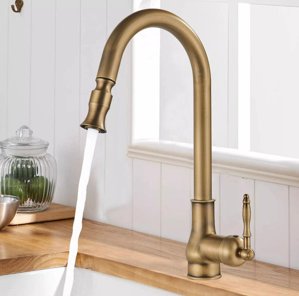 #1554 ANTIQUE BRASS PULL-OUT KITCHEN FAUCET