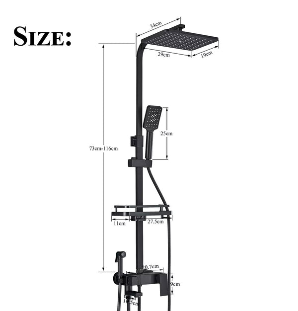 #1151 MATTE BLACK 4 IN 1 EXPOSED SHOWER FAUCET SYSTEM LCD RAINFALL HEAD COMBO WITH HAND SHOWER AND CADDY SHELF