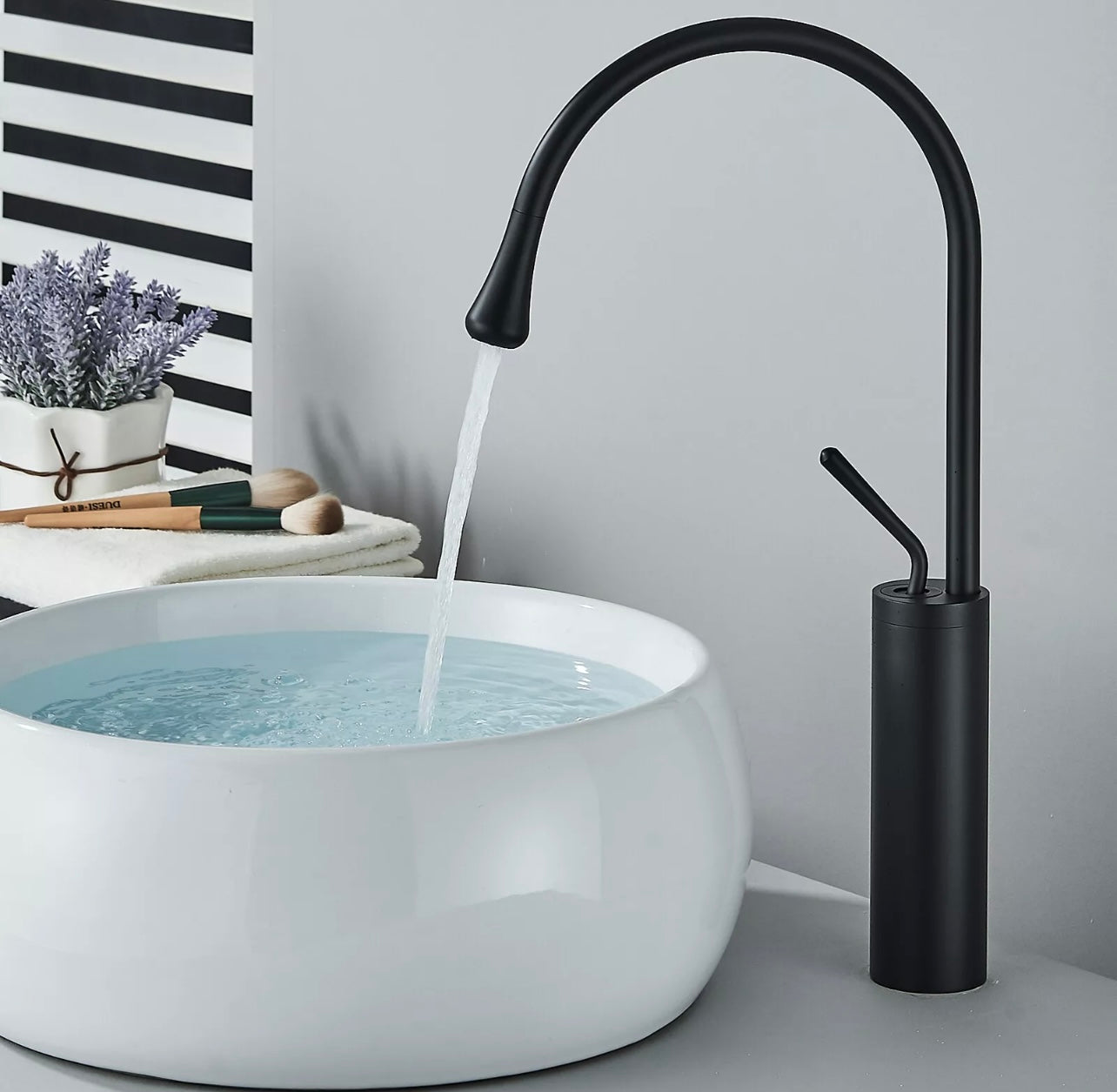 Matt black goose neck waterfall vessel faucet