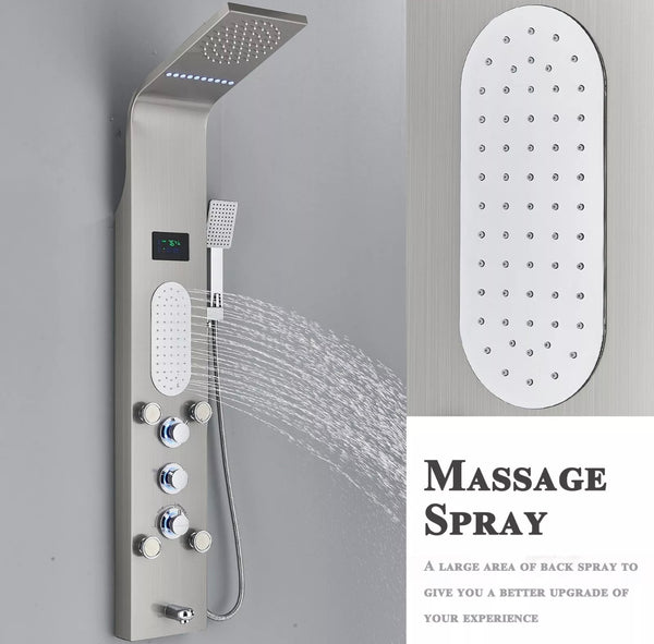 #1280 BRUSHED NICKEL 5 FUNCTION RAINFALL & WATERFALL LED SHOWER PANEL TOWER MASSAGE SPRAY SYSTEM
