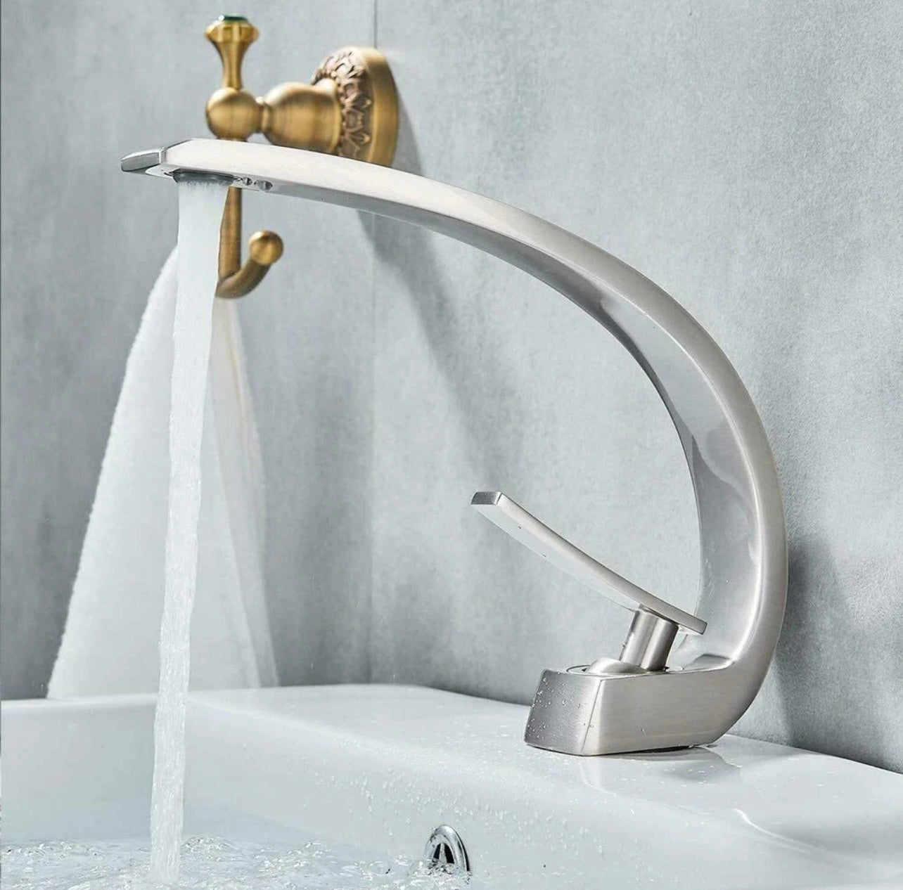 #1404 BRUSHED NICKEL CURVED WATERFALL VANITY FAUCET