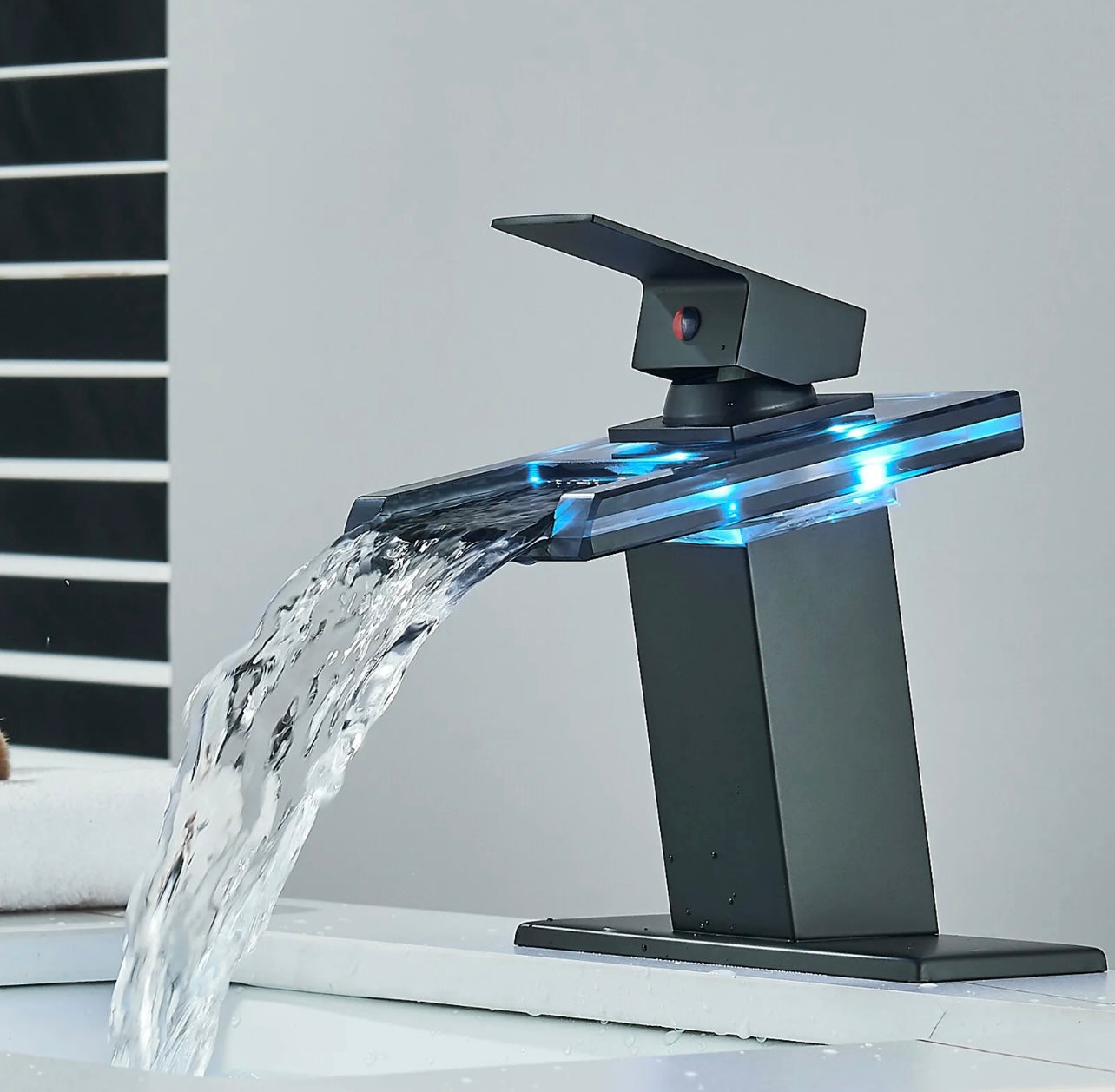 Glass Waterfall LED Bathroom Basin Sink Faucet 1 Hole Vanity Mixer Faucet Single Handle