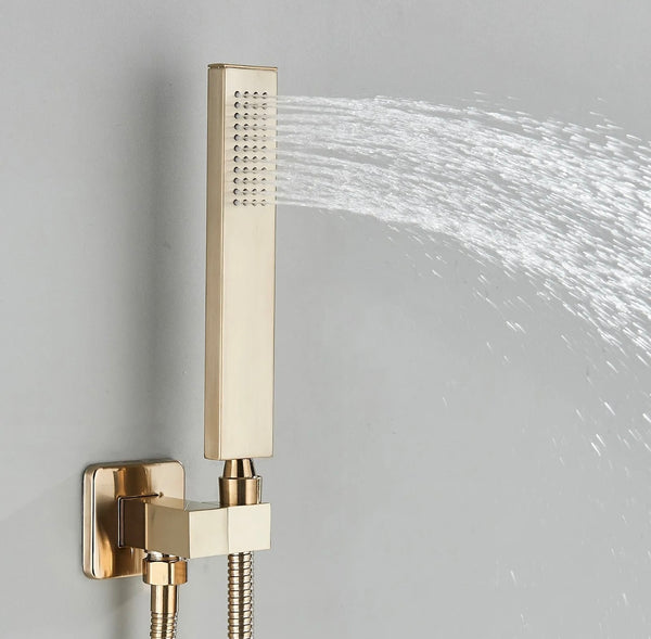 16x32 INCH BRUSHED GOLD LED 3 FUNCTION CEILING MOUNT SHOWER SYSTEM WITH 6x MASSAGE JETS