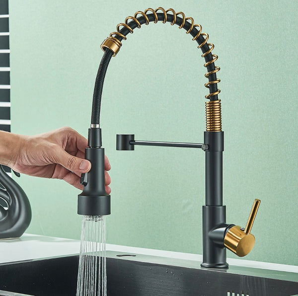#1552 TWO TONE, BLACK & GOLD LED PULL-DOWN KITCHEN FAUCET WITH DUAL SPRAY HEAD