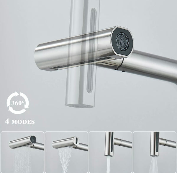 #1583 BRUSHED NICKEL PULL-OUT 4 MODES KITCHEN FAUCET