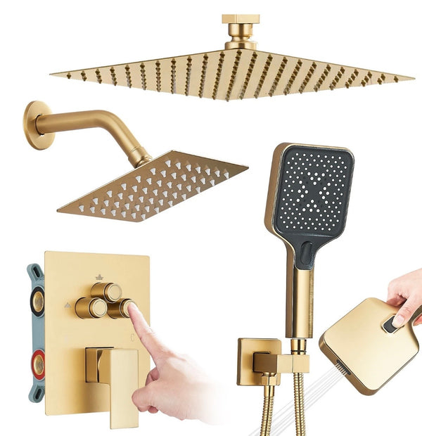 #1053 12-INCH + 6-INCH BRUSHED GOLD 3 FUNCTION BUTTON PRESS SHOWER SYSTEM
