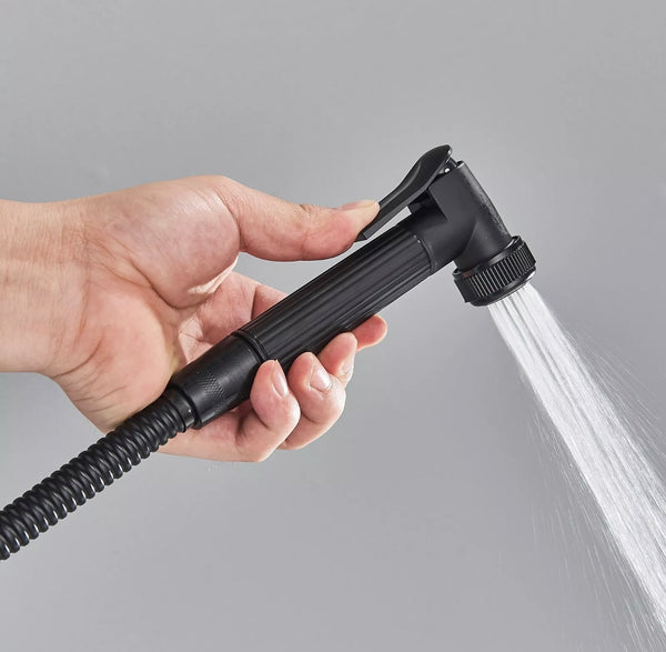 #1151 MATTE BLACK 4 IN 1 EXPOSED SHOWER FAUCET SYSTEM LCD RAINFALL HEAD COMBO WITH HAND SHOWER AND CADDY SHELF