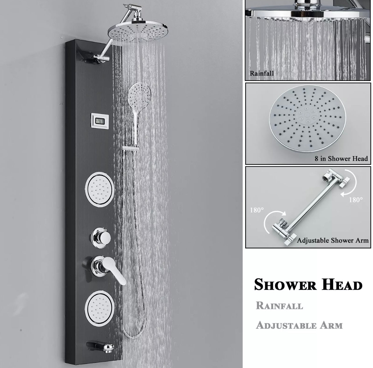 Stainless Steel 4 function Rainfall Shower Panel Tower Massage Shower Faucet System Black