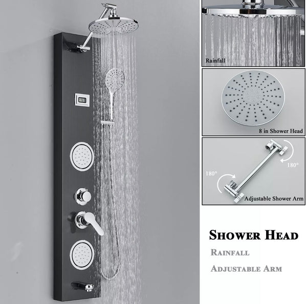 #1284 STAINLESS STEEL 4 FUNCTION RAINFALL SHOWER PANEL TOWER MASSAGE SHOWER FAUCET SYSTEM BLACK