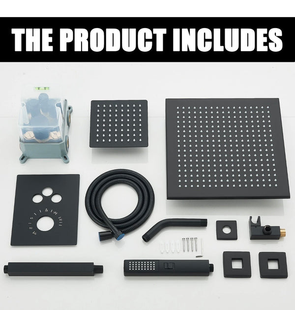 #1054 12-INCH + 6-INCH MATTE BLACK 3 FUNCTION BUTTON PRESS THERMOSTATIC SHOWER SYSTEM