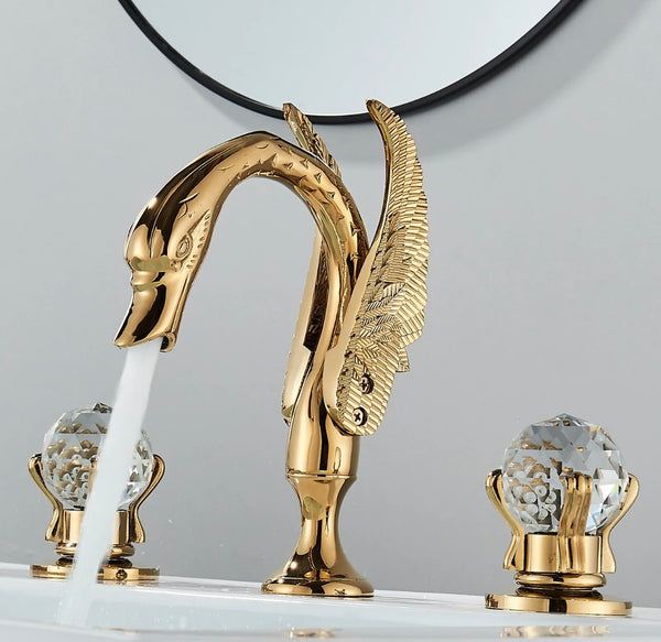 #1414 GOLD SWAN 8 INCH WIDESPREAD WITH 2 CRYSTAL KNOBS WATERFALL SPOUT VANITY FAUCET