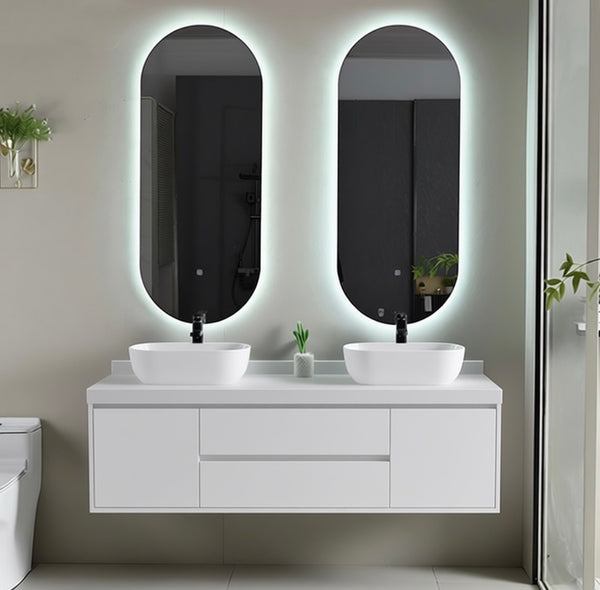 #1714 SG9249 48-Inch White Stripe His & Her Floating Vessel Sink Vanity Set with LED Mirrors