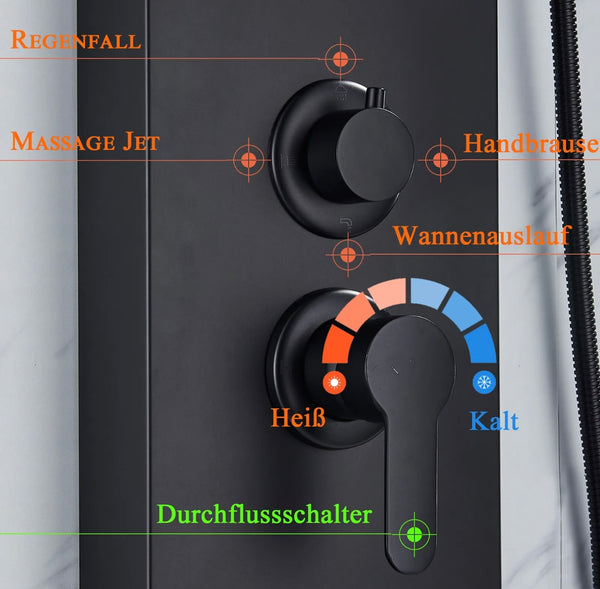 #1273 LED Rainfall Shower Panel Tower Massage Shower Faucet System Set Stainless Steel