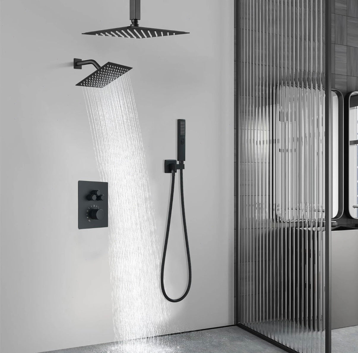 #1054 12-INCH + 6-INCH MATTE BLACK 3 FUNCTION BUTTON PRESS THERMOSTATIC SHOWER SYSTEM
