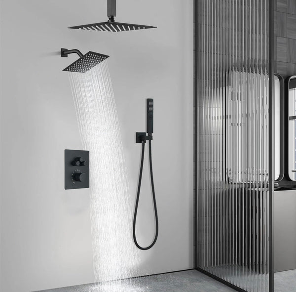 #1054 12-INCH + 6-INCH MATTE BLACK 3 FUNCTION BUTTON PRESS THERMOSTATIC SHOWER SYSTEM