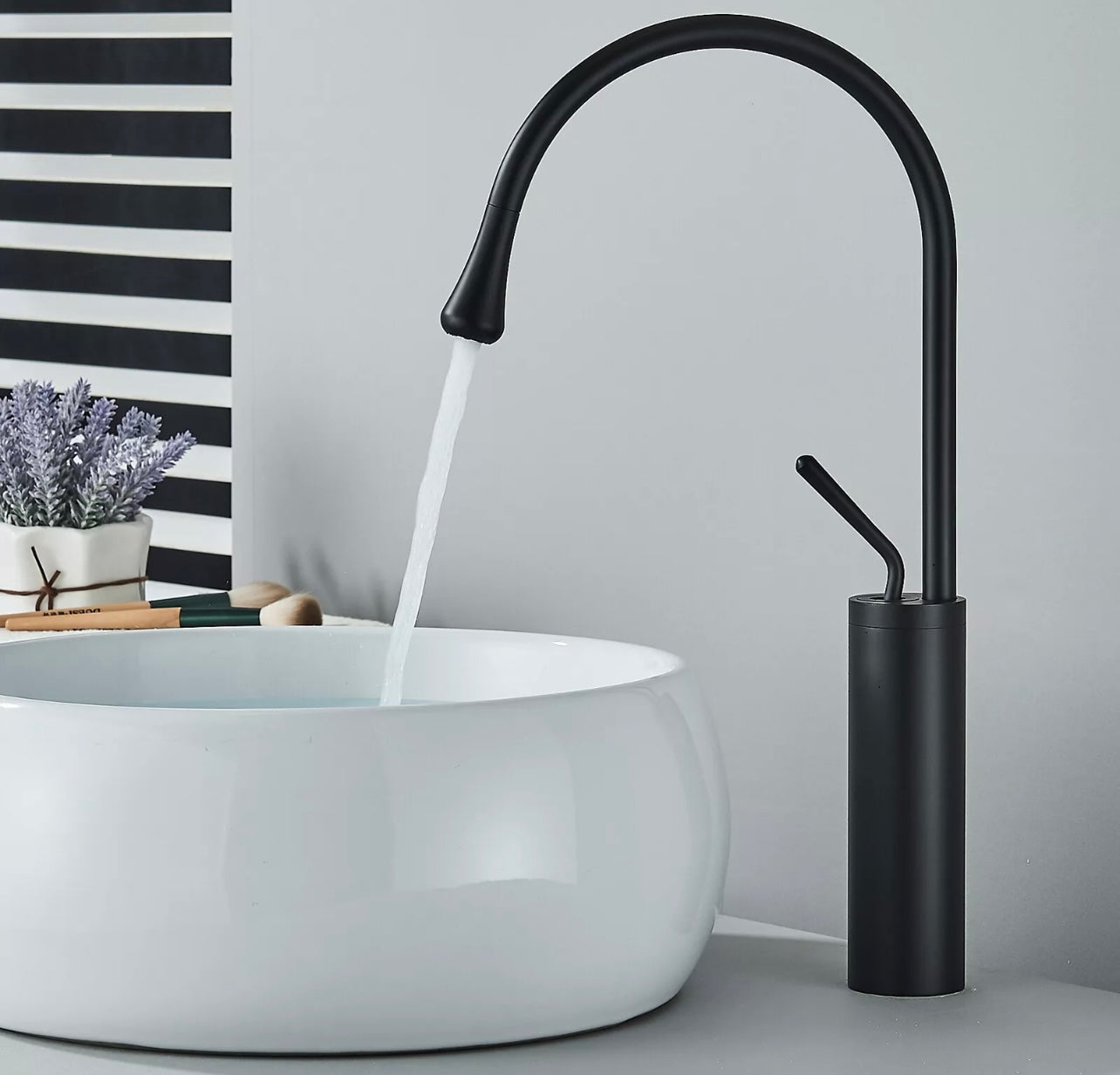 Matt black goose neck waterfall vessel faucet