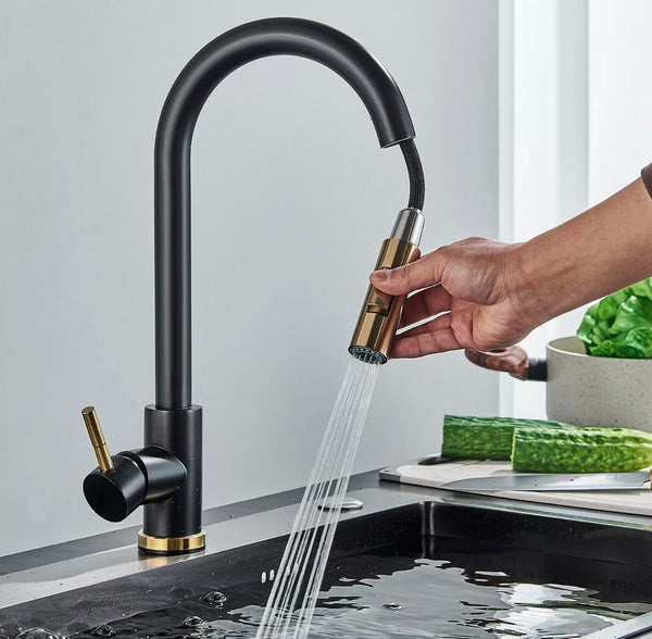 #1588 2 TONE BLACK & GOLD PULL-OUT KITCHEN FAUCET WITH DUAL SPRAY HEAD