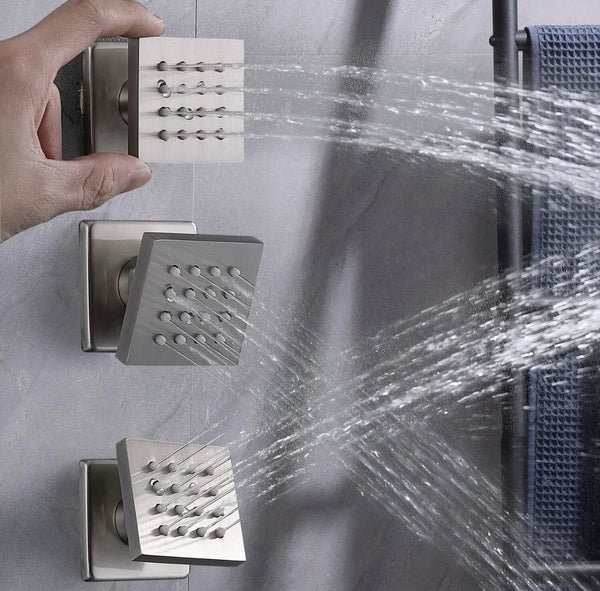 16x32 INCH BRUSHED NICKEL LED 3 FUNCTION CEILING MOUNT SHOWER SYSTEM WITH 6x MASSAGE JETS