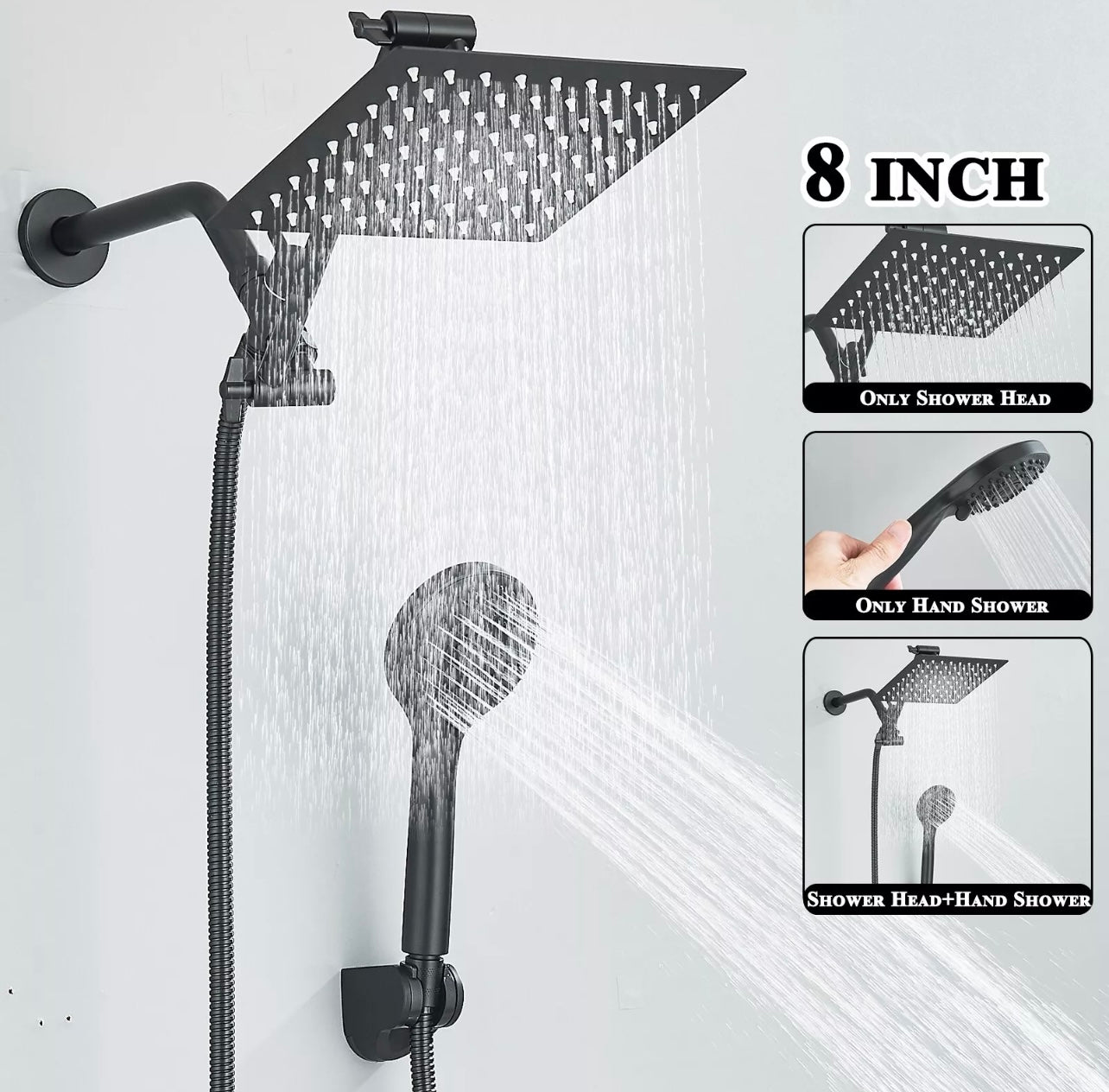 #1044 8-Inch Matte Black Showerhead Kit with Handheld Shower