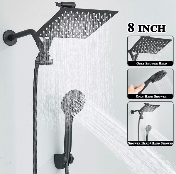 #1044 8-INCH MATTE BLACK SHOWER HEAD KIT WITH HANDHELD SHOWER