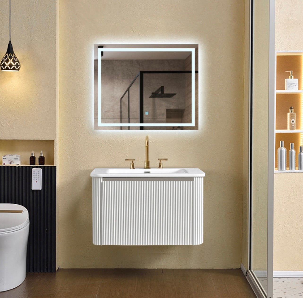 #1717 SG9146 31-Inch Strip White Floating Vanity Set with LED Mirror