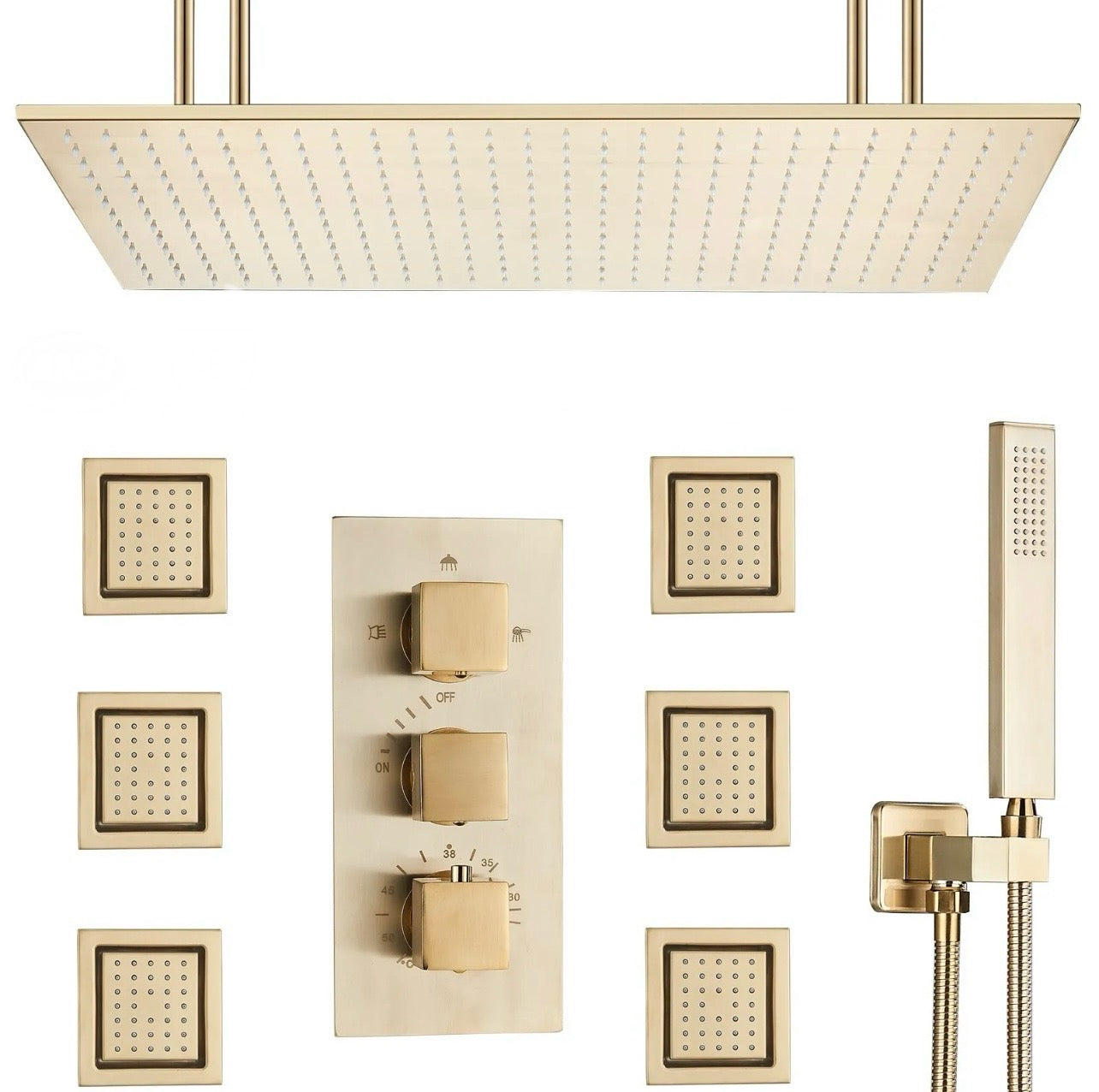 16x32 inch brushed gold led 3 function ceiling mount shower system with 6x massage jets