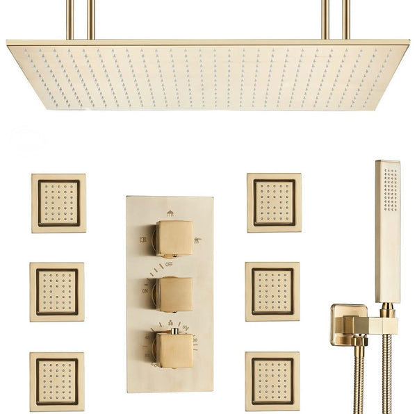 16x32 INCH BRUSHED GOLD LED 3 FUNCTION CEILING MOUNT SHOWER SYSTEM WITH 6x MASSAGE JETS