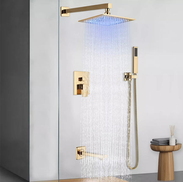 #1048 12-INCH GOLD LED 3-FUNCTION RAINFALL SHOWER SET
