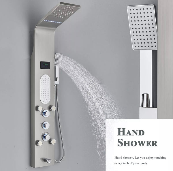 #1280 BRUSHED NICKEL 5 FUNCTION RAINFALL & WATERFALL LED SHOWER PANEL TOWER MASSAGE SPRAY SYSTEM