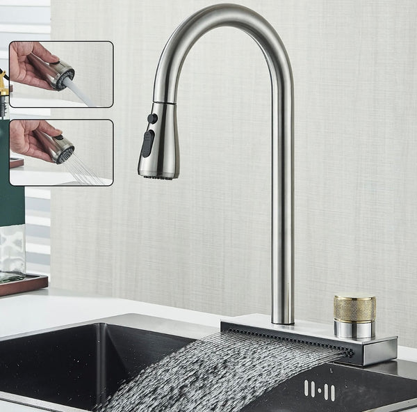 #1563 BRUSHED NICKEL PULL-OUT KITCHEN FAUCET WITH 3 MODES SPRAY HEAD + RAINFALL FEATURE