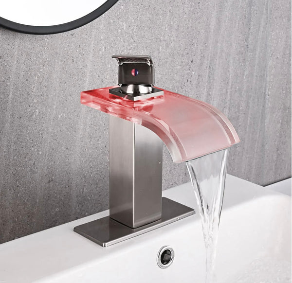 #1430 BRUSHED NICKEL & LED GLASS WATERFALL SPOUT VANITY FAUCET
