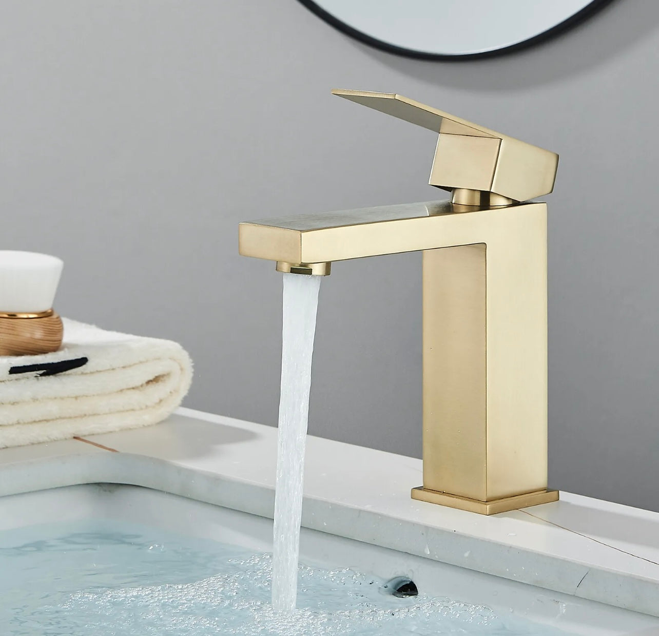 Brushed gold lavatory waterfall vanity faucet