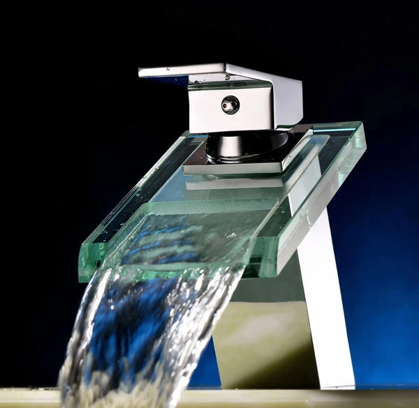 #1410 CHROME & GLASS WATERFALL VANITY FAUCET