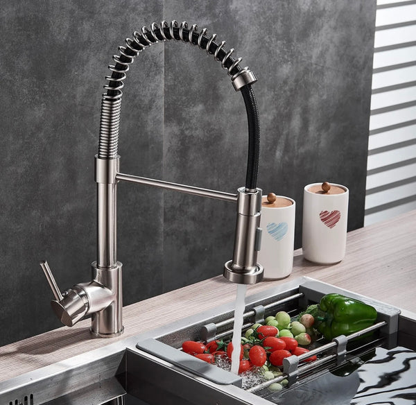 #1572 BRUSHED NICKEL SPRING PULL-DOWN KITCHEN FAUCET WITH DUAL SPRAY HEAD