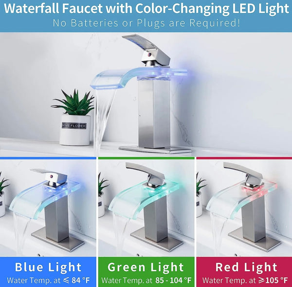 #1430 BRUSHED NICKEL & LED GLASS WATERFALL SPOUT VANITY FAUCET