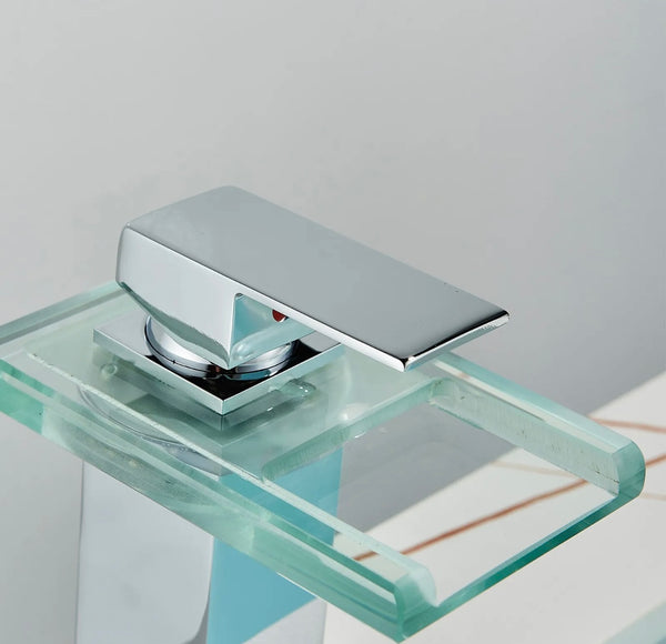 #1410 CHROME & GLASS WATERFALL VANITY FAUCET