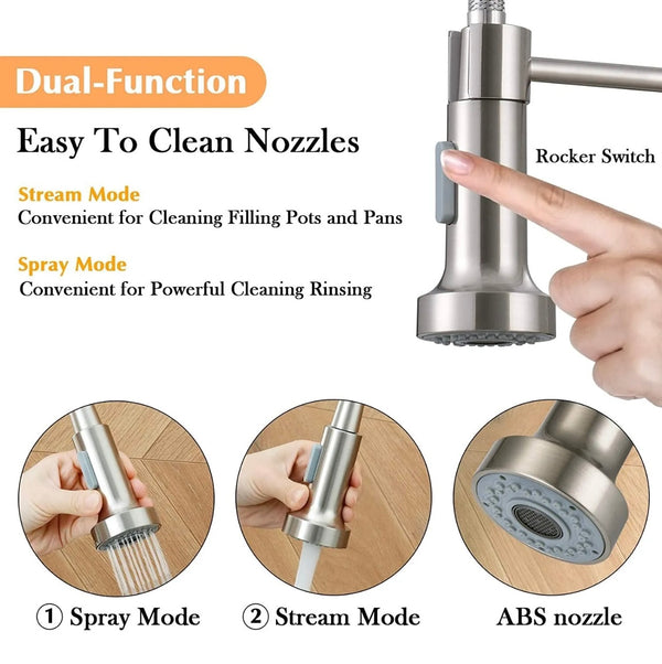 #1572 BRUSHED NICKEL SPRING PULL-DOWN KITCHEN FAUCET WITH DUAL SPRAY HEAD