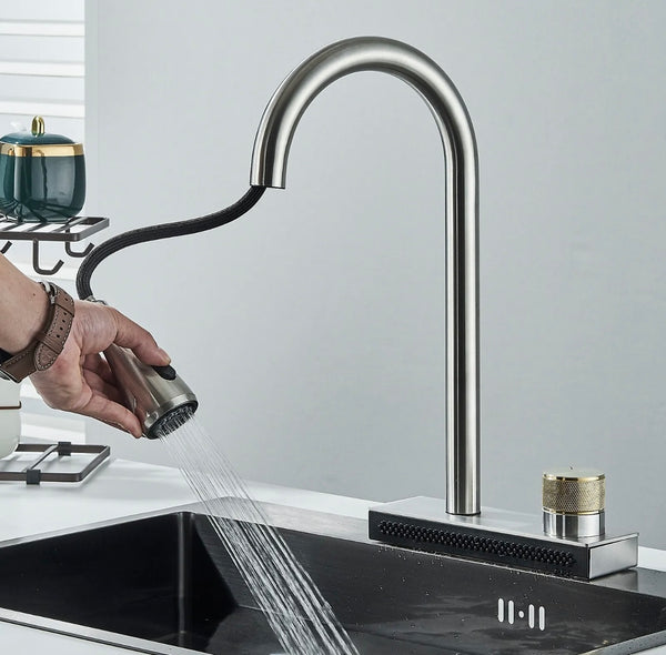 #1563 BRUSHED NICKEL PULL-OUT KITCHEN FAUCET WITH 3 MODES SPRAY HEAD + RAINFALL FEATURE