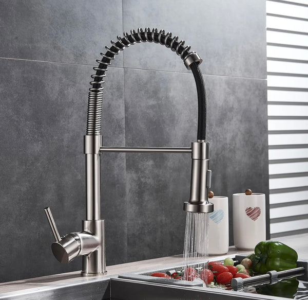 #1572 BRUSHED NICKEL SPRING PULL-DOWN KITCHEN FAUCET WITH DUAL SPRAY HEAD