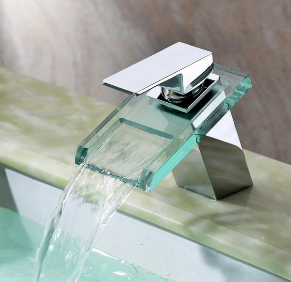#1410 CHROME & GLASS WATERFALL VANITY FAUCET