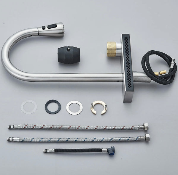 #1563 BRUSHED NICKEL PULL-OUT KITCHEN FAUCET WITH 3 MODES SPRAY HEAD + RAINFALL FEATURE